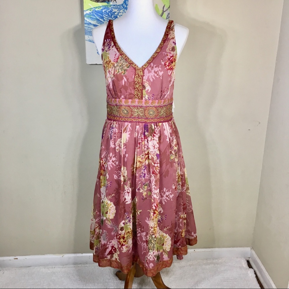 NWT Derhy Pink Floral Beaded Empire Dress